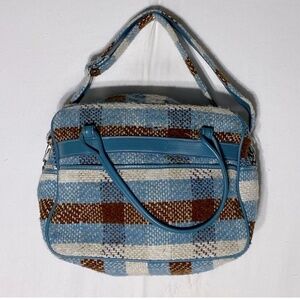 Vintage Blue Brown Cream Plaid Travel Bag With Shoulder Strap